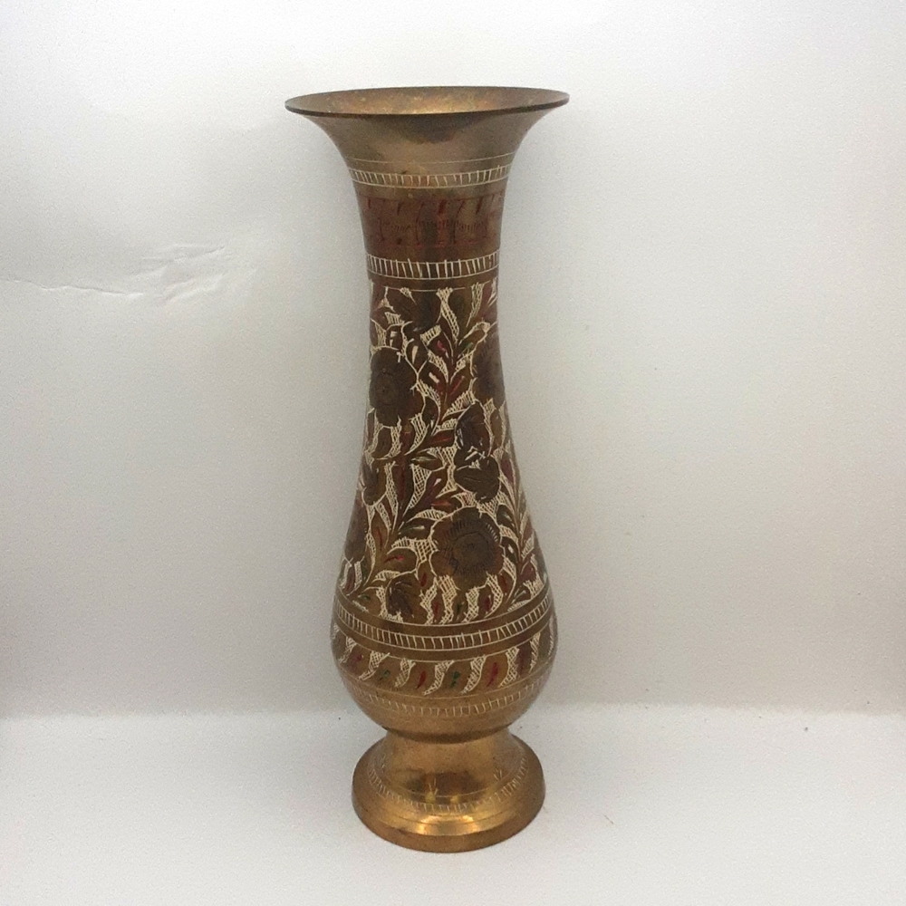 Brass Etched Vase Made in Baghdad, Iraq Large 10" X 3.5"